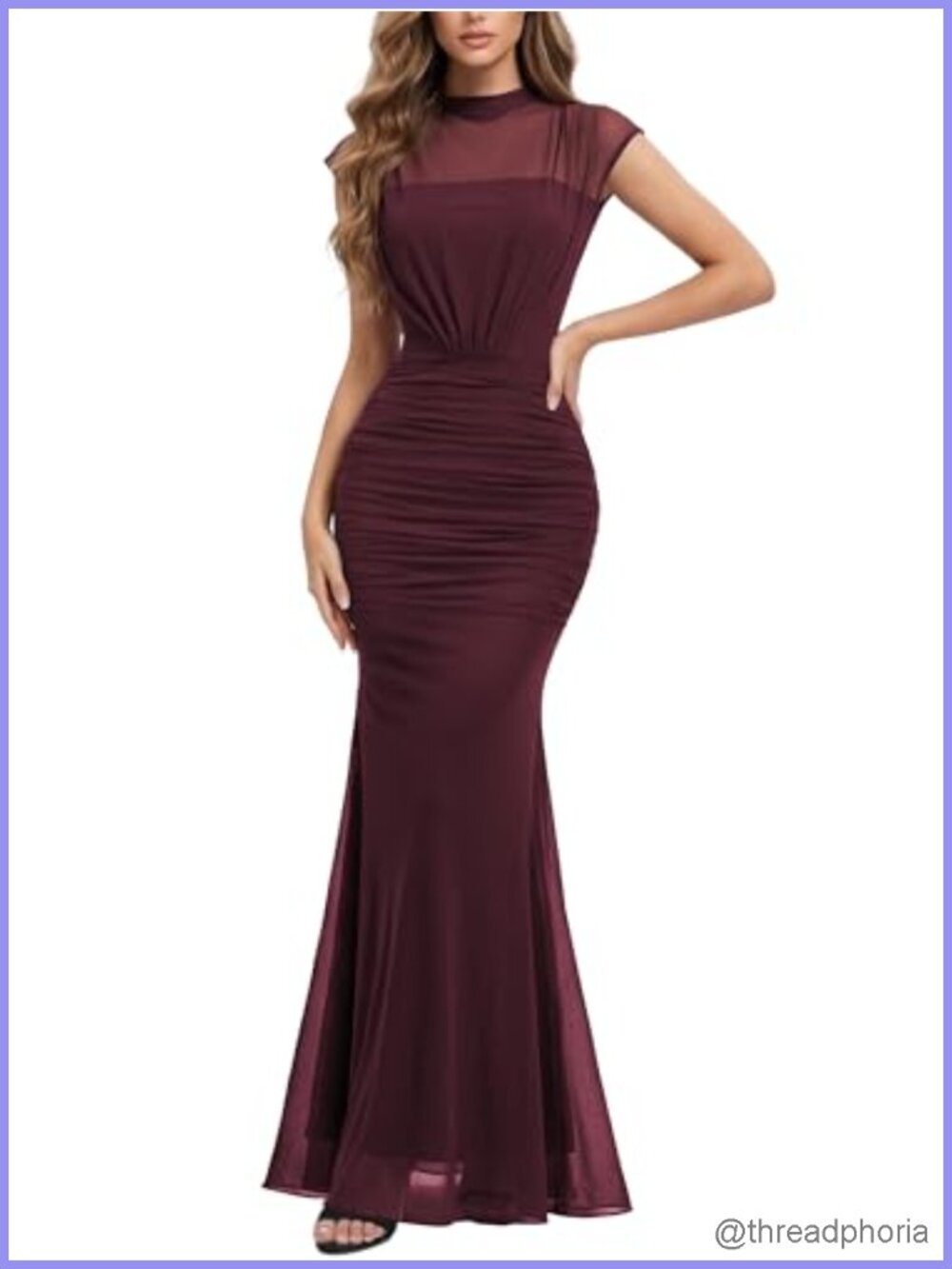 Mock Neck Mesh Ruched Formal Evening Maxi Dress Cap Sleeve Gown